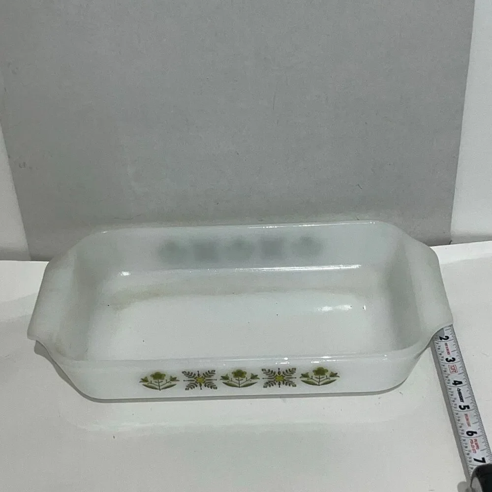 Fire King‎ White Anchor Hocking Meadow Green Flower Glass Loaf Dish Pan